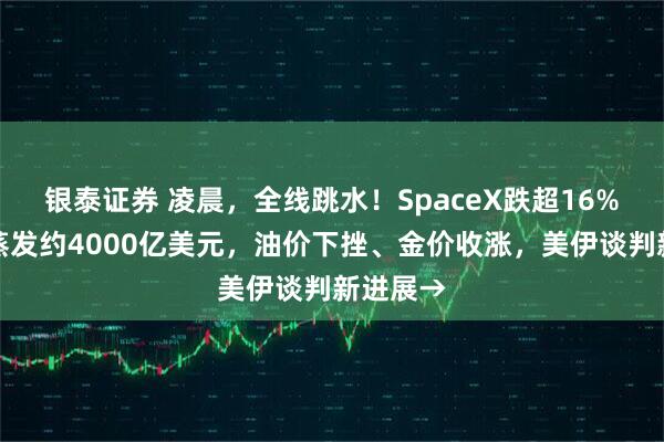 银泰证券 凌晨，全线跳水！SpaceX跌超16%，市值蒸发约4000亿美元，油价下挫、金价收涨，美伊谈判新进展→